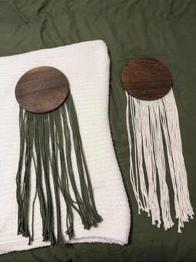 Handmade Wall Hanging Trio — Olive Green & Cream Macramé with Wood Discs